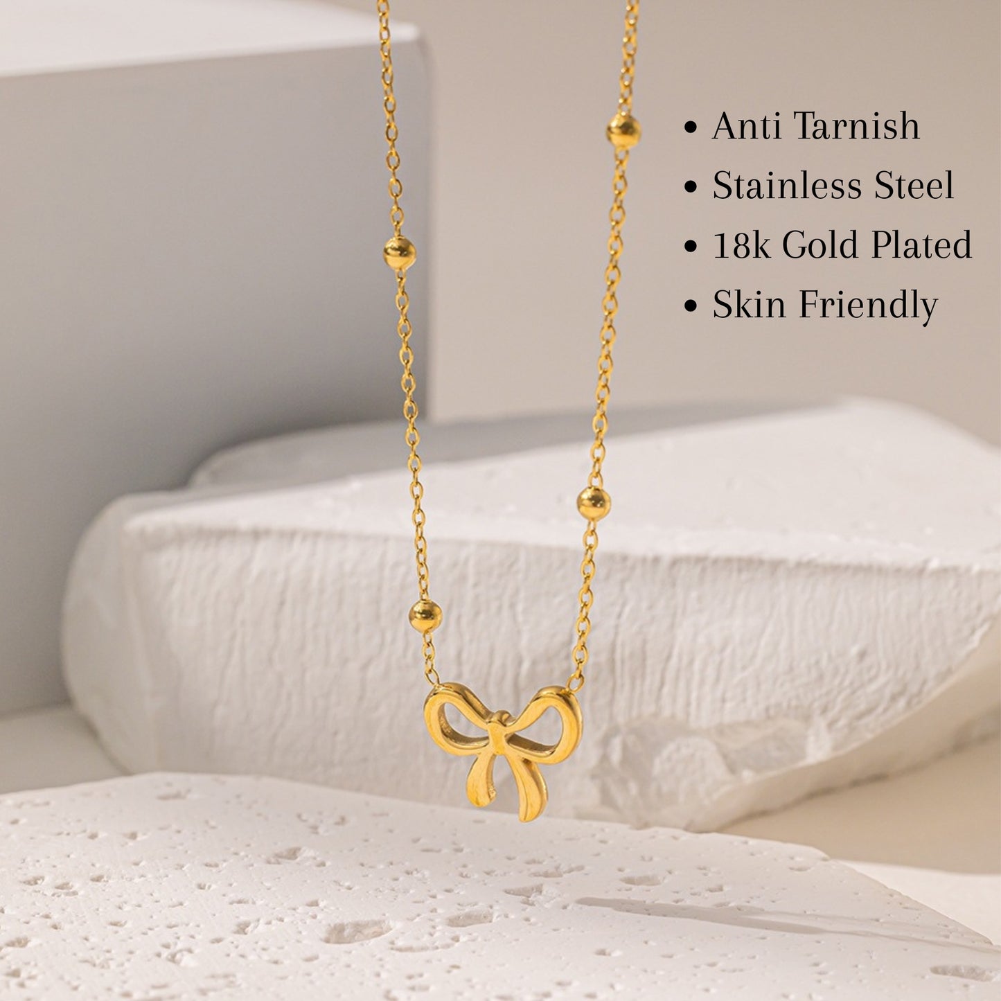 MONOZO Bow Pendant necklace chain for women girls Love anti tarnish stainless steel 18k gold plated