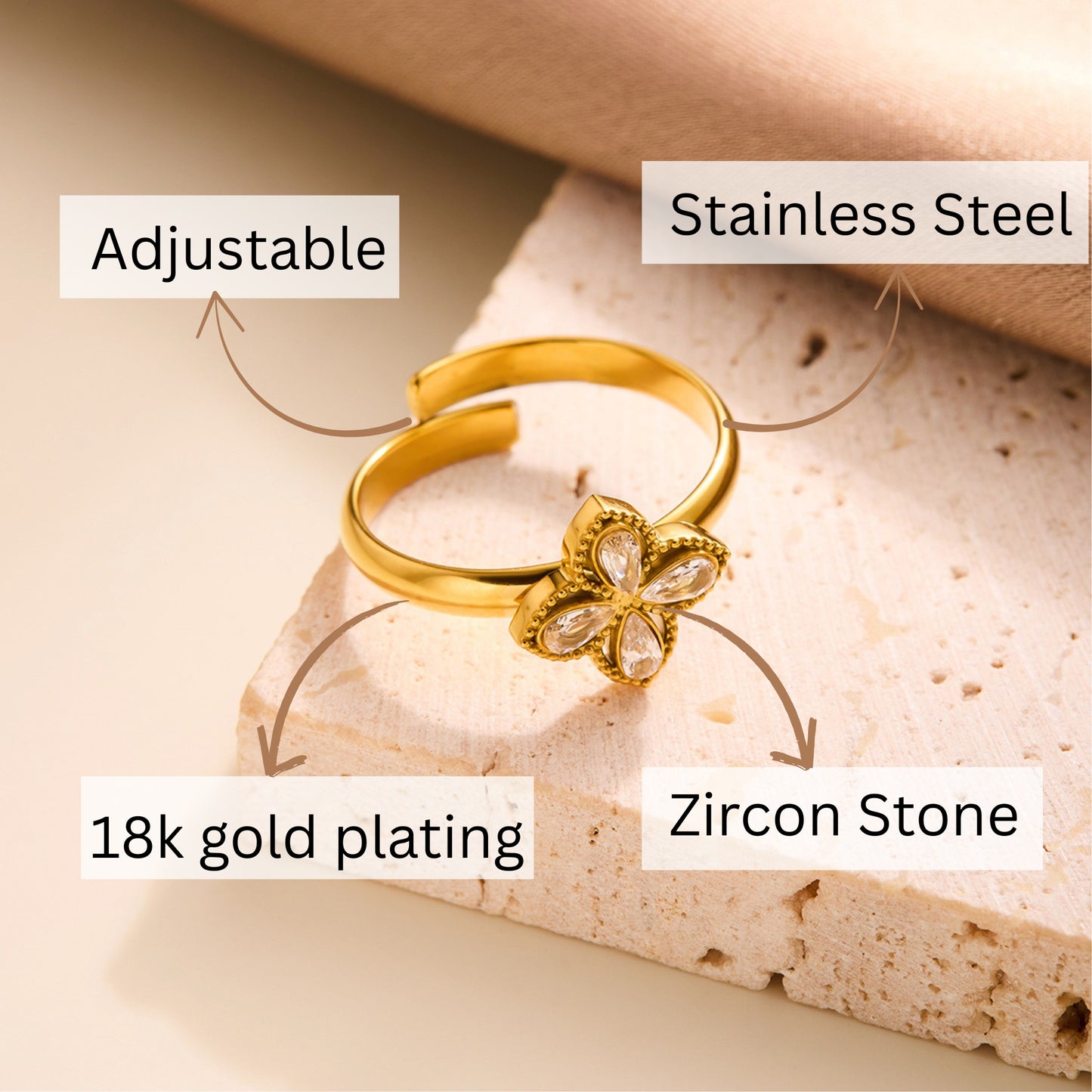MONOZO 18k Gold plated Ring for Women | Anti Tarnish Stainless Steel Adjustable Finger Ring for Girls | Zirconia Stone Ring | Girl Fashion Jewellery