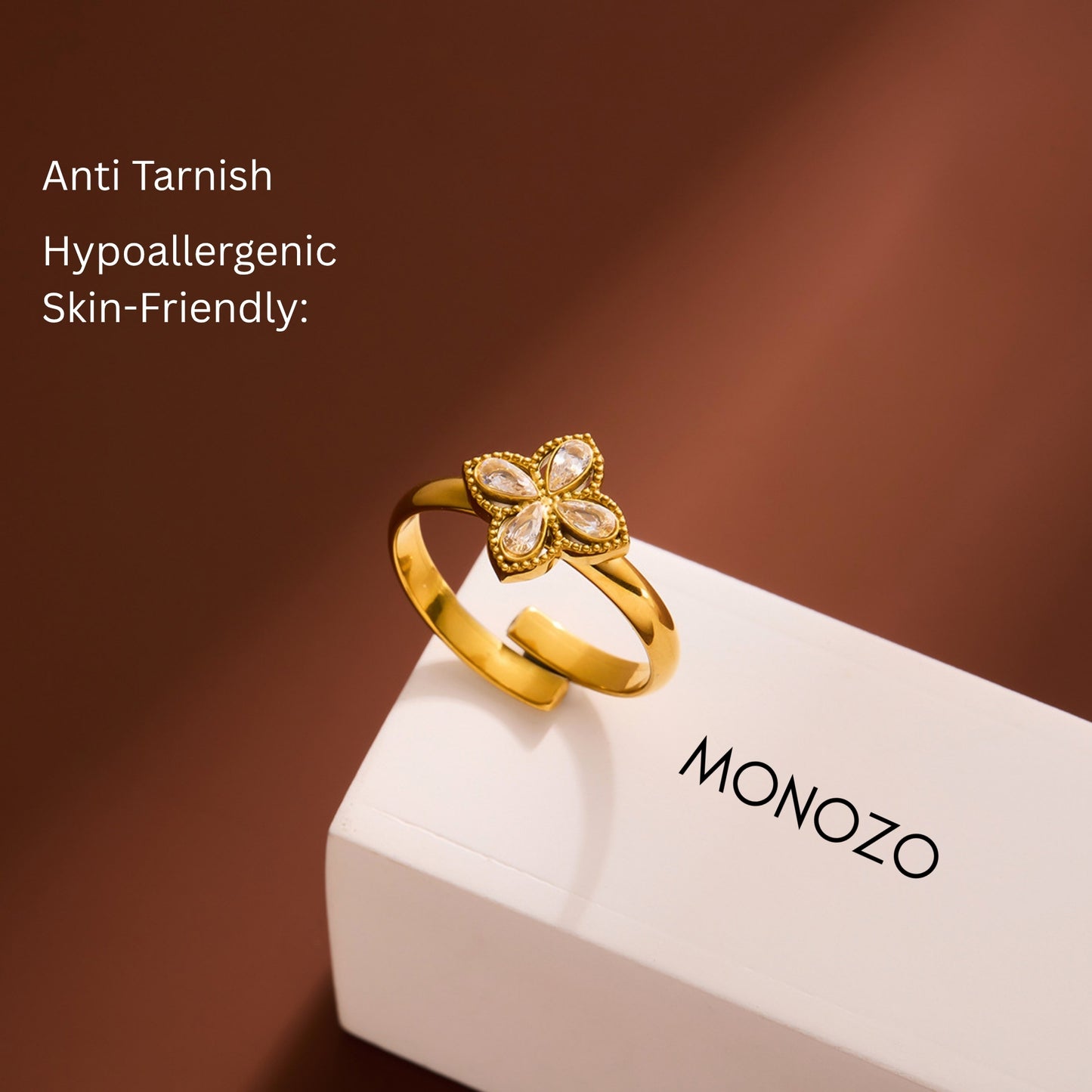 MONOZO 18k Gold plated Ring for Women | Anti Tarnish Stainless Steel Adjustable Finger Ring for Girls | Zirconia Stone Ring | Girl Fashion Jewellery
