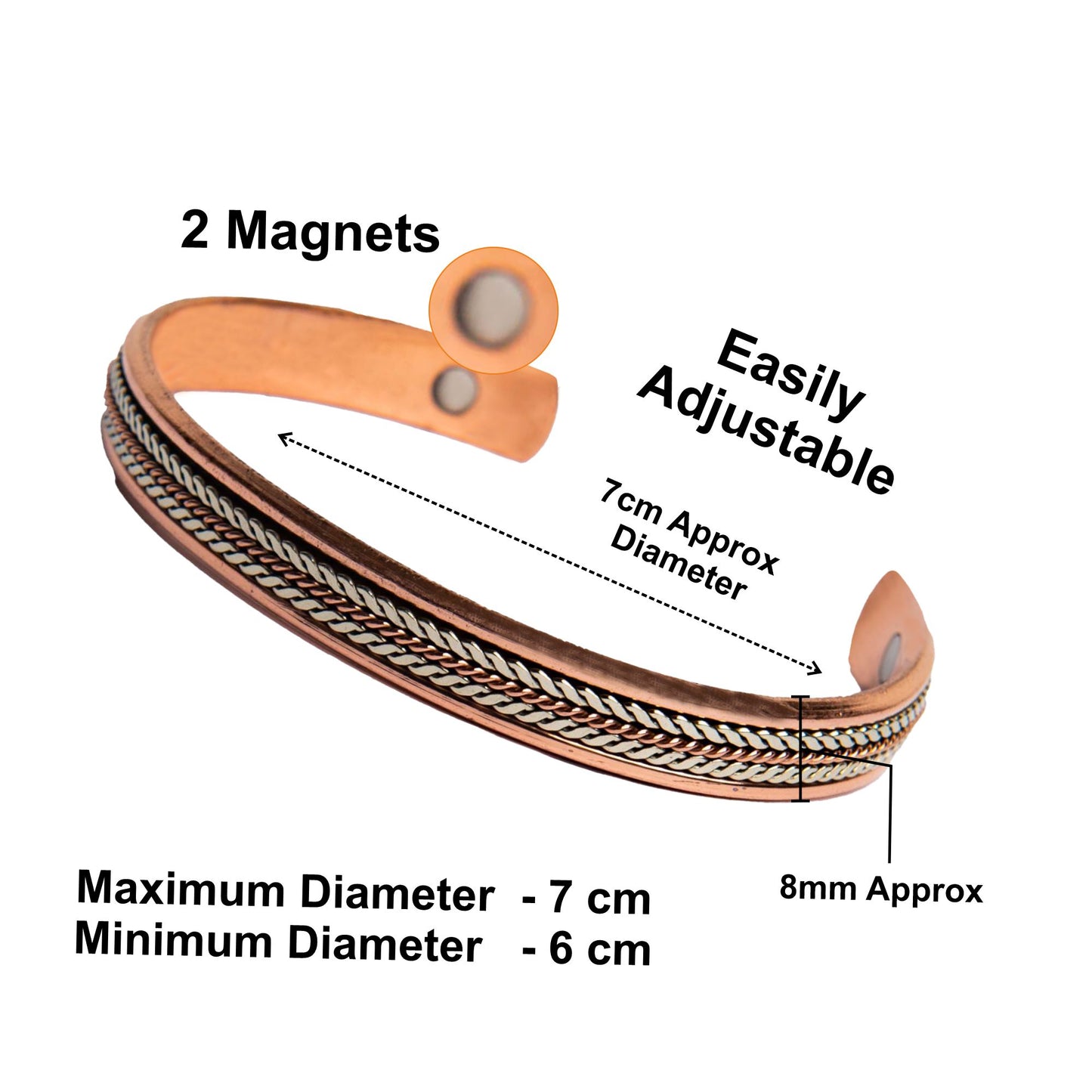 Magnetic Copper Bracelet|Copper Cuff Bracelet|Copper Bracelet for Men and Women| 2 silver magnet