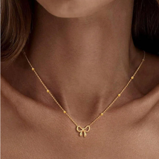 MONOZO Bow Pendant necklace chain for women girls Love anti tarnish stainless steel 18k gold plated