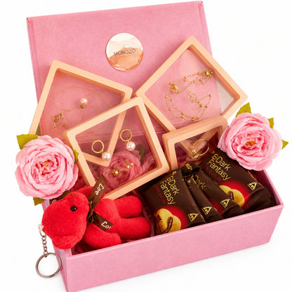 Rakshabandhan Gift Hamper for Sister(5 Jewellery Sets, 1 Teddy Key Ring, Choco Cookies, 2 Roses)