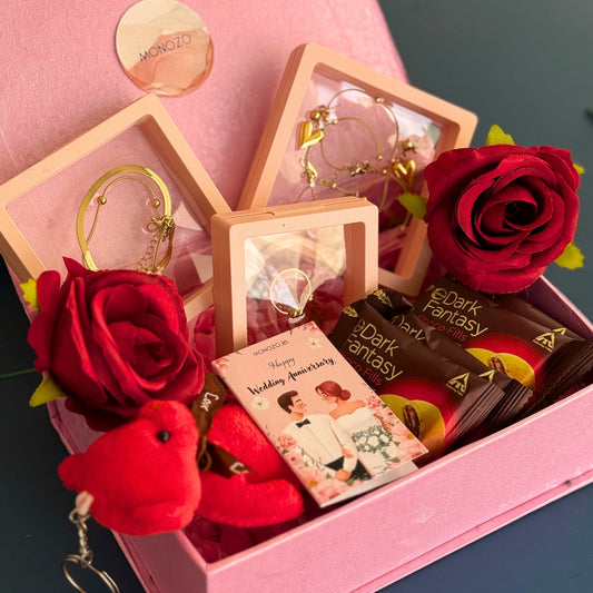 Anniversary Gift Hamper (4 Jewellery Sets, 1 Teddy Key Ring, Choco Cookies, 2 Roses, Anniversary Wish Card)