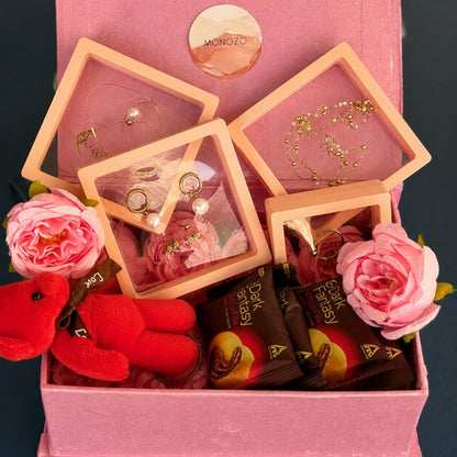 Rakshabandhan Gift Hamper for Sister(5 Jewellery Sets, 1 Teddy Key Ring, Choco Cookies, 2 Roses)