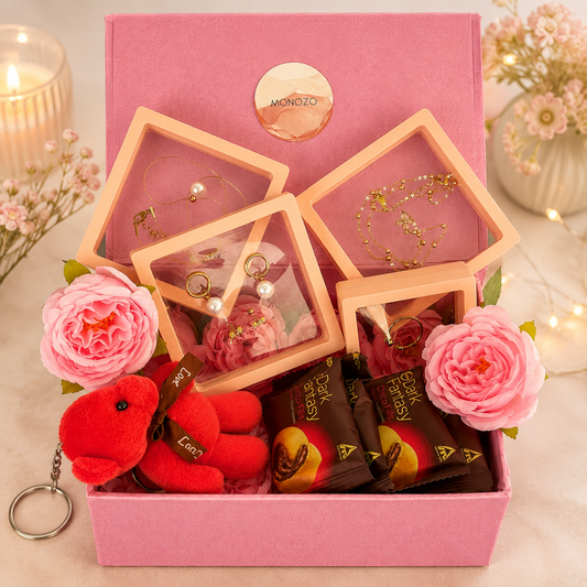 Rakshabandhan Gift Hamper for Sister(5 Jewellery Sets, 1 Teddy Key Ring, Choco Cookies, 2 Roses)