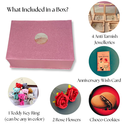 Anniversary Gift Hamper (4 Jewellery Sets, 1 Teddy Key Ring, Choco Cookies, 2 Roses, Anniversary Wish Card)