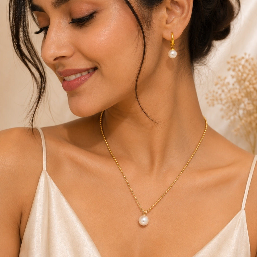 Single Pearl Necklace with Earring Jewellery Set