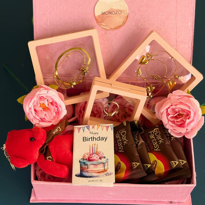 Birthday Gift Hamper (4 Jewellery Sets, 1 Teddy Key Ring, Choco Cookies, 2 Roses, Birthday Wish Card)