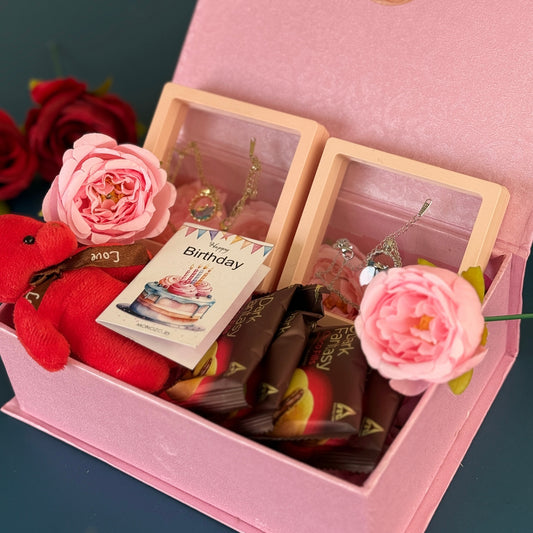 Birthday Gift Hamper (2 Jewellery Sets, 1 Teddy Key Ring, Choco Cookies, 2 Roses, Birthday Wish Card)