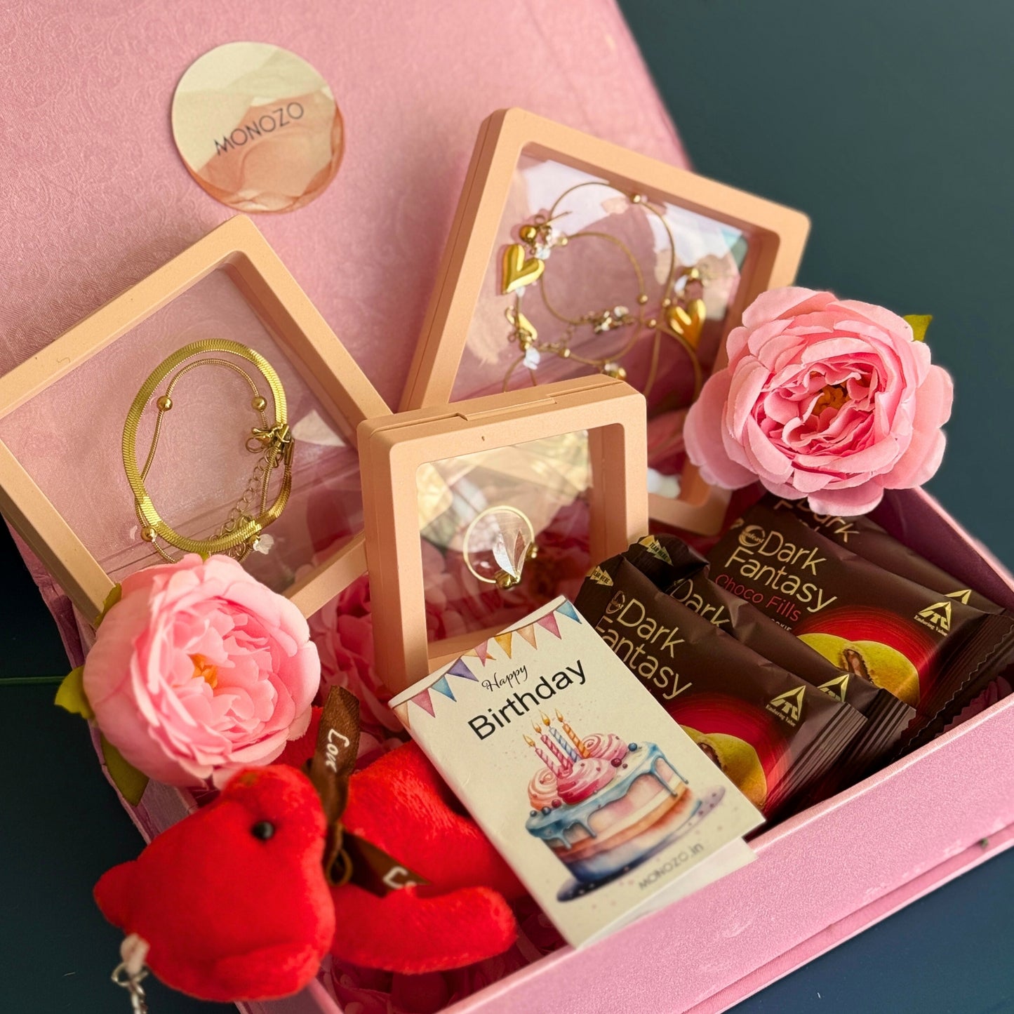 Birthday Gift Hamper (4 Jewellery Sets, 1 Teddy Key Ring, Choco Cookies, 2 Roses, Birthday Wish Card)