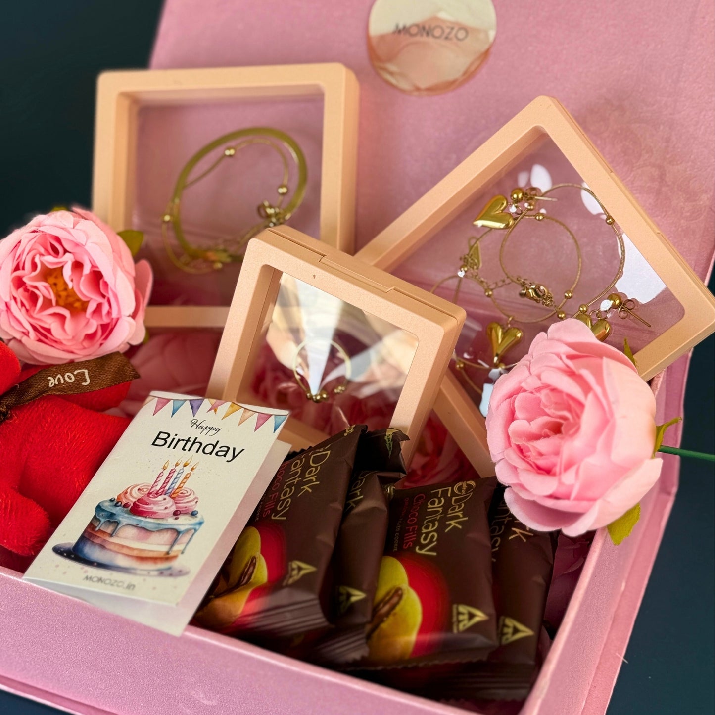 Birthday Gift Hamper (4 Jewellery Sets, 1 Teddy Key Ring, Choco Cookies, 2 Roses, Birthday Wish Card)