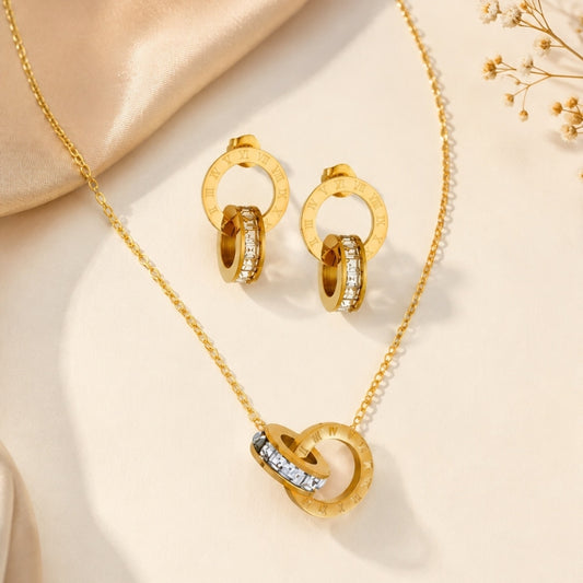 Roman Number Necklace with Earring Golden Jewellery Set