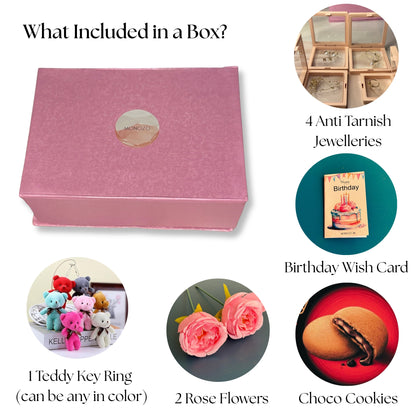 Birthday Gift Hamper (4 Jewellery Sets, 1 Teddy Key Ring, Choco Cookies, 2 Roses, Birthday Wish Card)