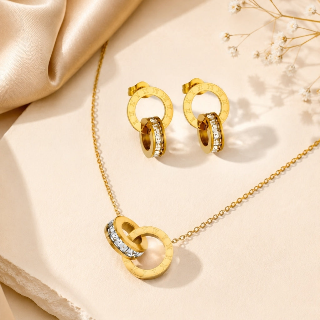 Roman Number Necklace with Earring Golden Jewellery Set