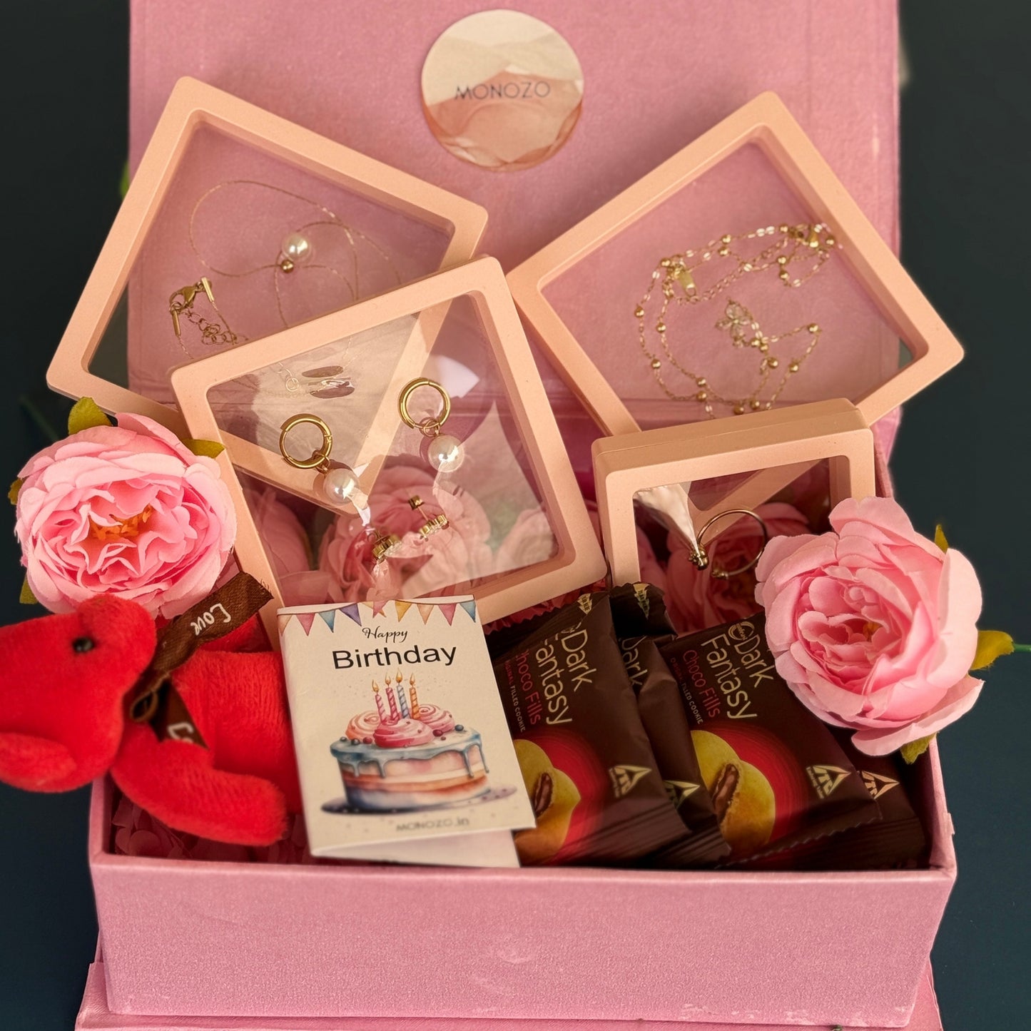 Birthday Day Gift Hamper (5 Jewellery Sets, 1 Teddy Key Ring, Choco Cookies, Artificial Rose Flowers, Birthday Wish Card)