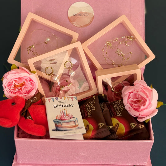Birthday Day Gift Hamper (5 Jewellery Sets, 1 Teddy Key Ring, Choco Cookies, Artificial Rose Flowers, Birthday Wish Card)