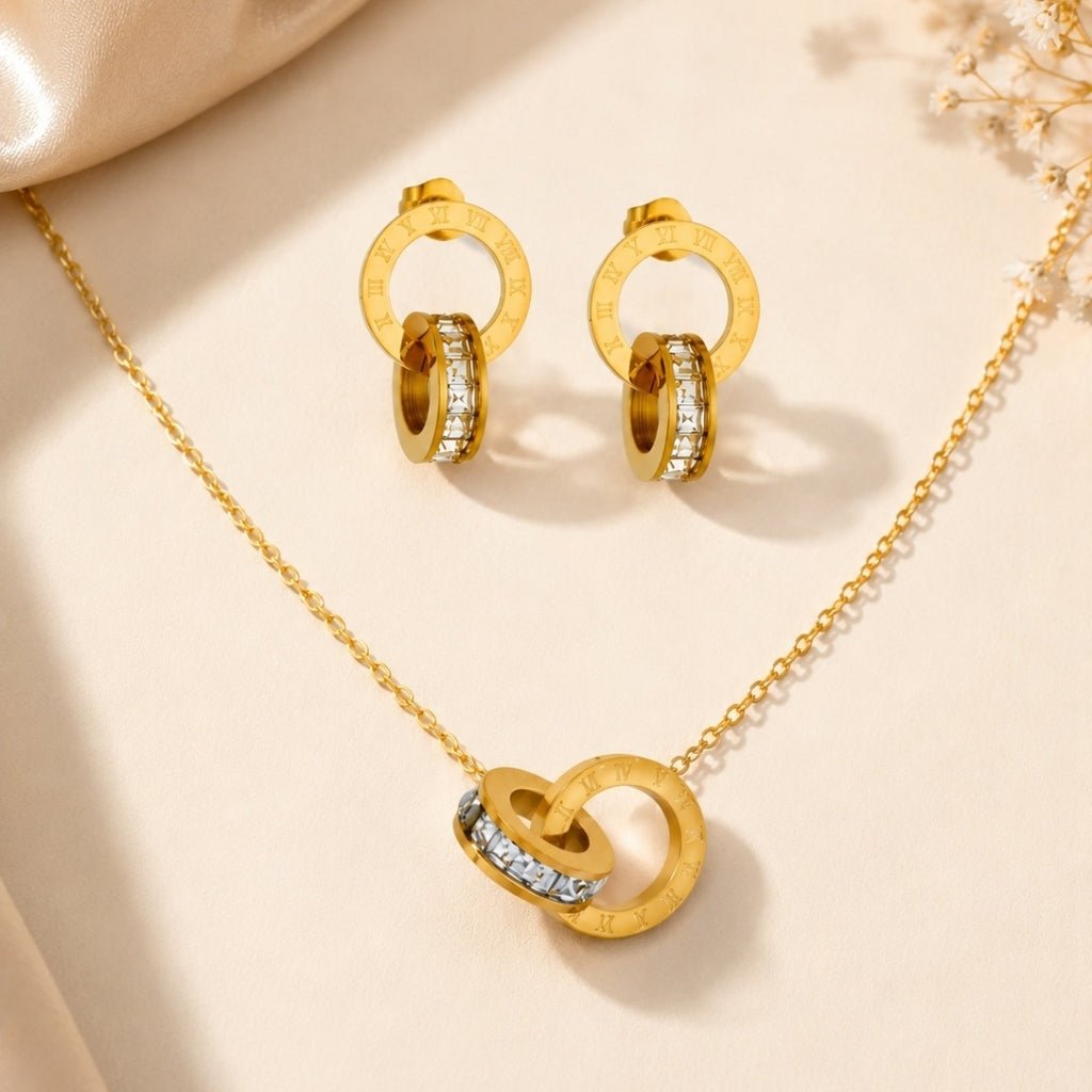 Roman Number Necklace with Earring Golden Jewellery Set