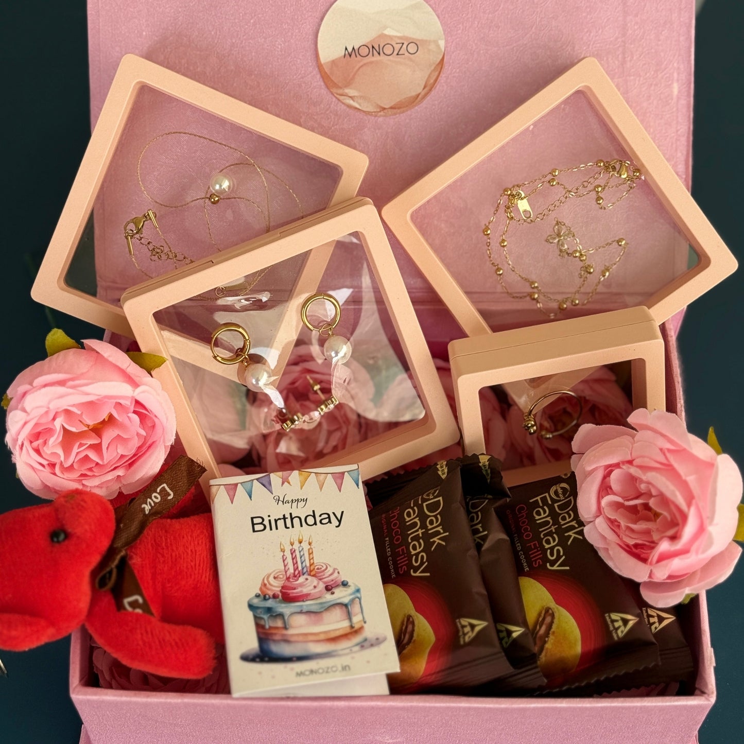 Birthday Day Gift Hamper (5 Jewellery Sets, 1 Teddy Key Ring, Choco Cookies, Artificial Rose Flowers, Birthday Wish Card)