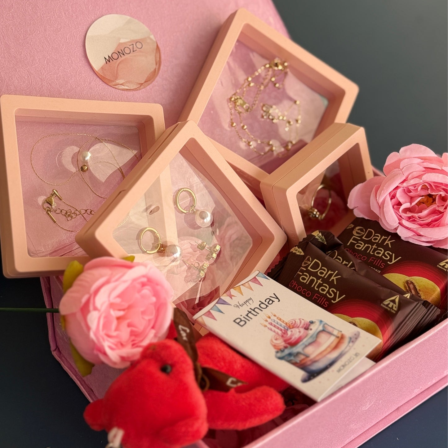 Birthday Day Gift Hamper (5 Jewellery Sets, 1 Teddy Key Ring, Choco Cookies, Artificial Rose Flowers, Birthday Wish Card)
