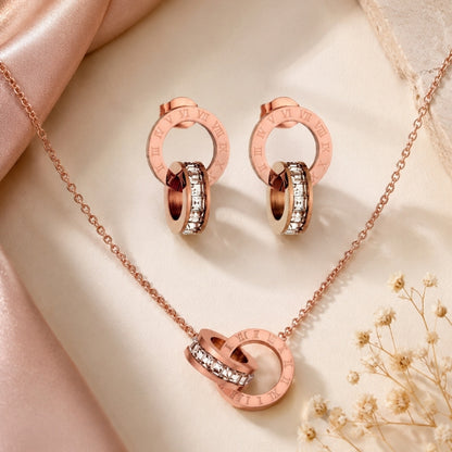 Roman Number Necklace with Earring Rose Gold Jewellery Set