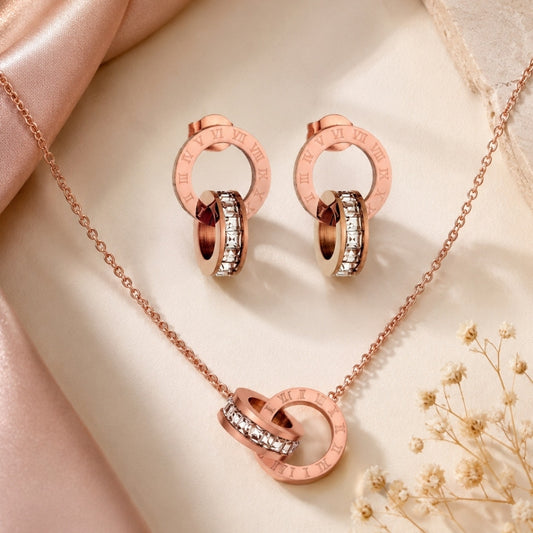 Roman Number Necklace with Earring Rose Gold Jewellery Set