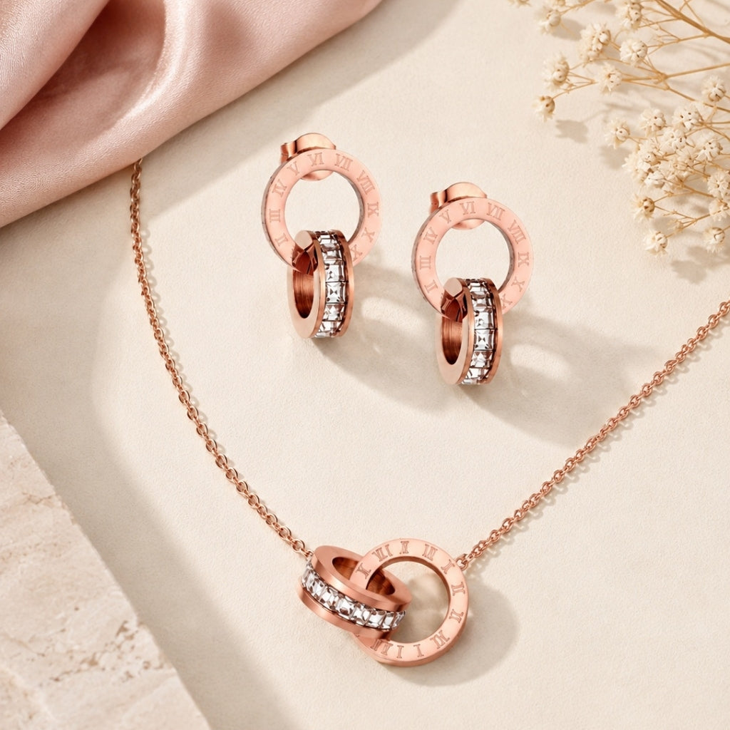 Roman Number Necklace with Earring Rose Gold Jewellery Set