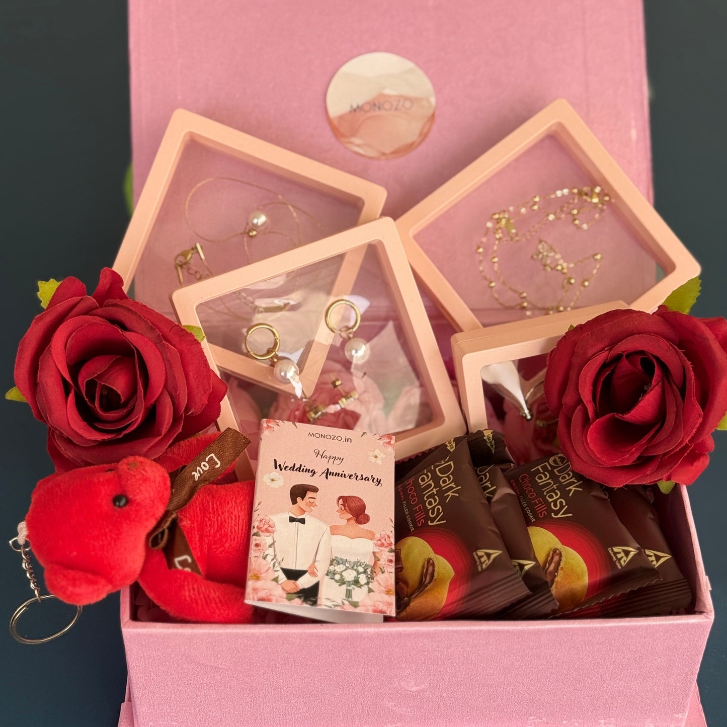 Anniversary Gift Hamper (5 Jewellery Sets, 1 Teddy Key Ring, Choco Cookies, Artificial Rose, Anniversary Wish Card)