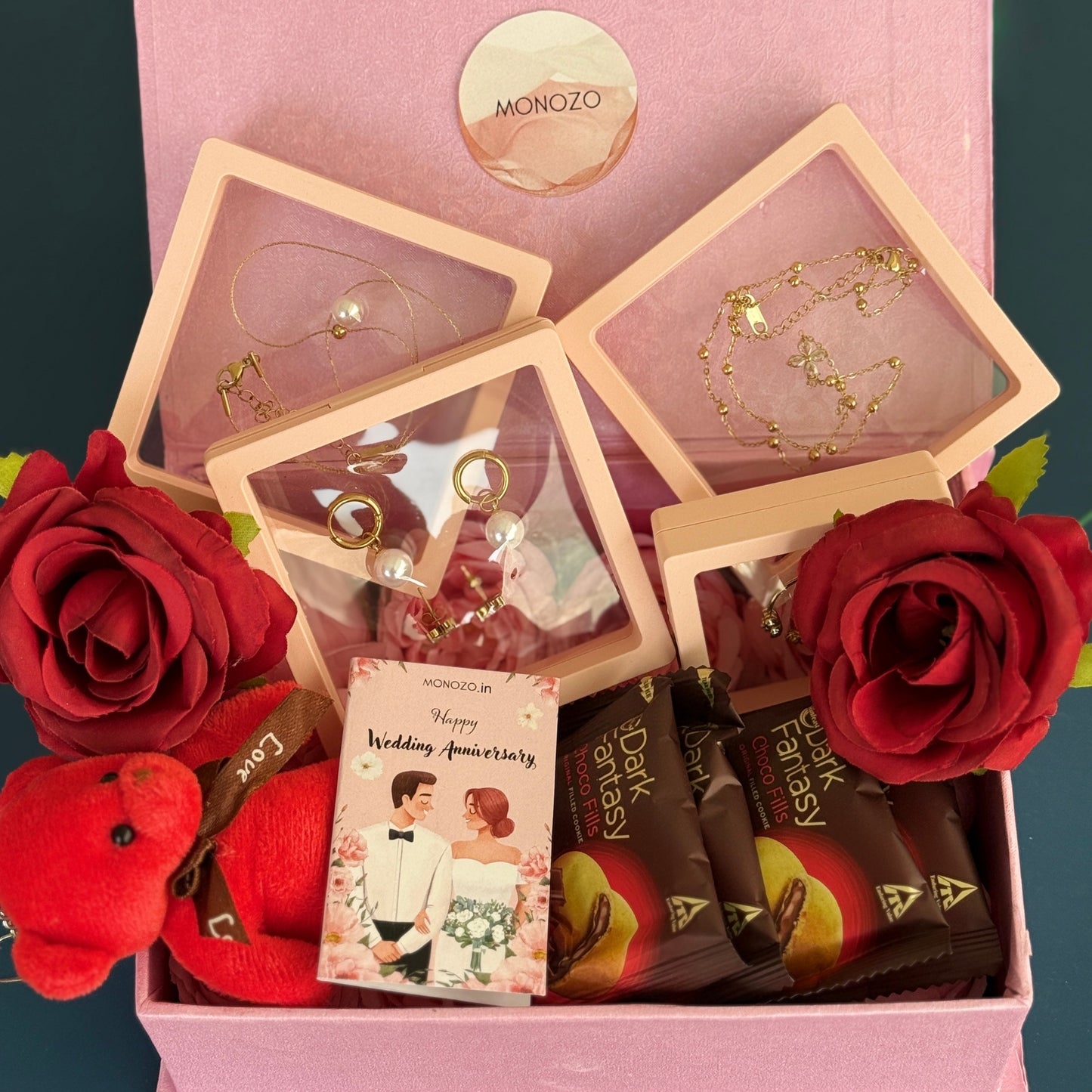 Anniversary Gift Hamper (5 Jewellery Sets, 1 Teddy Key Ring, Choco Cookies, Artificial Rose, Anniversary Wish Card)