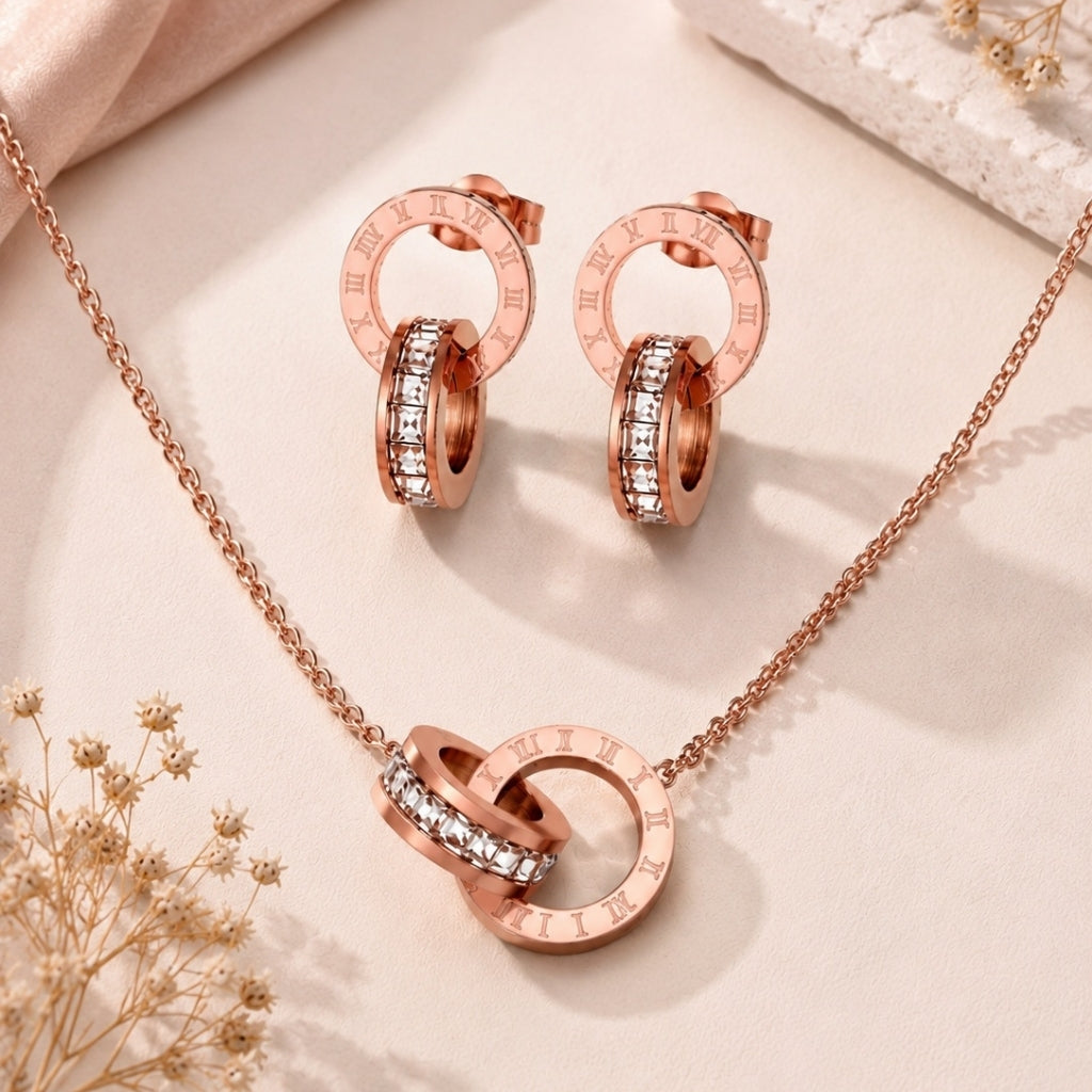 Roman Number Necklace with Earring Rose Gold Jewellery Set