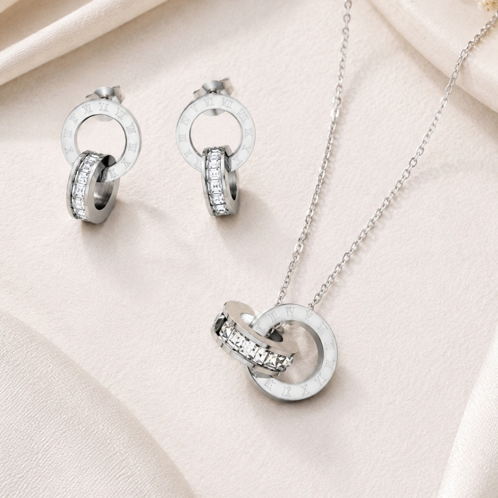 Roman Number Necklace with Earring Silver Jewellery Set