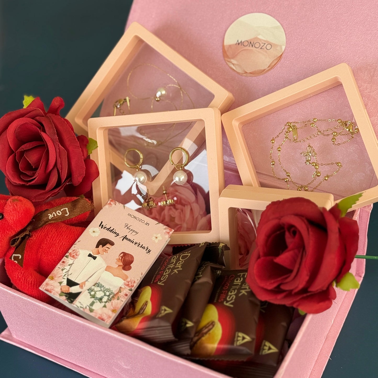 Anniversary Gift Hamper (5 Jewellery Sets, 1 Teddy Key Ring, Choco Cookies, Artificial Rose, Anniversary Wish Card)