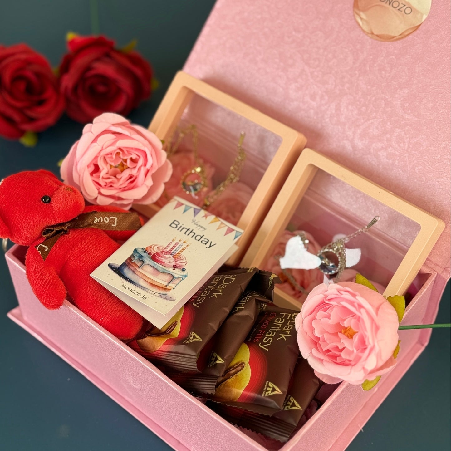 Birthday Gift Hamper (2 Jewellery Sets, 1 Teddy Key Ring, Choco Cookies, 2 Roses, Birthday Wish Card)