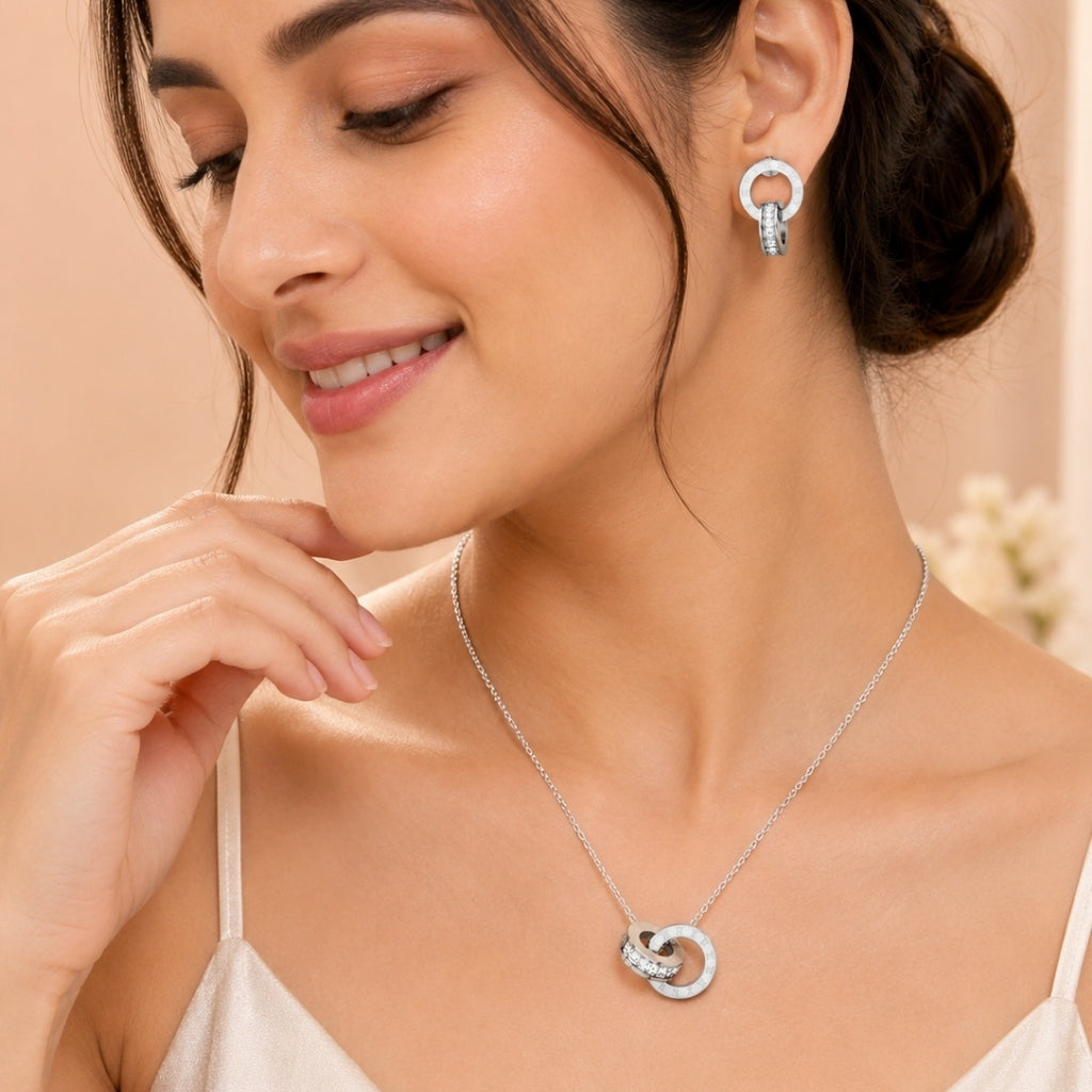 Roman Number Necklace with Earring Silver Jewellery Set