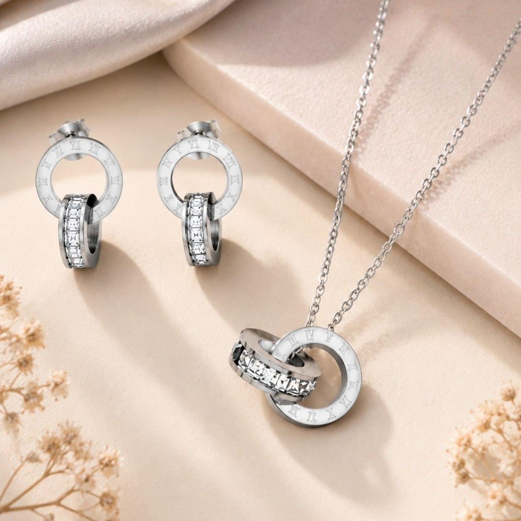Roman Number Necklace with Earring Silver Jewellery Set