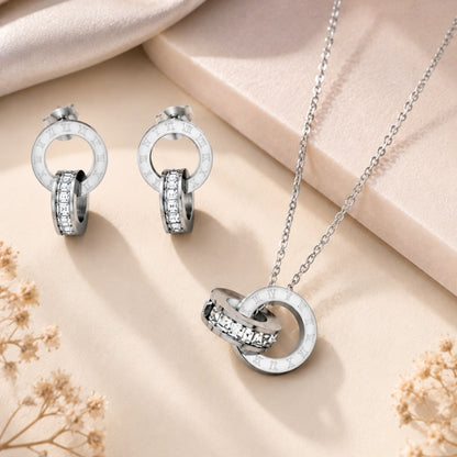 Roman Number Necklace with Earring Silver Jewellery Set