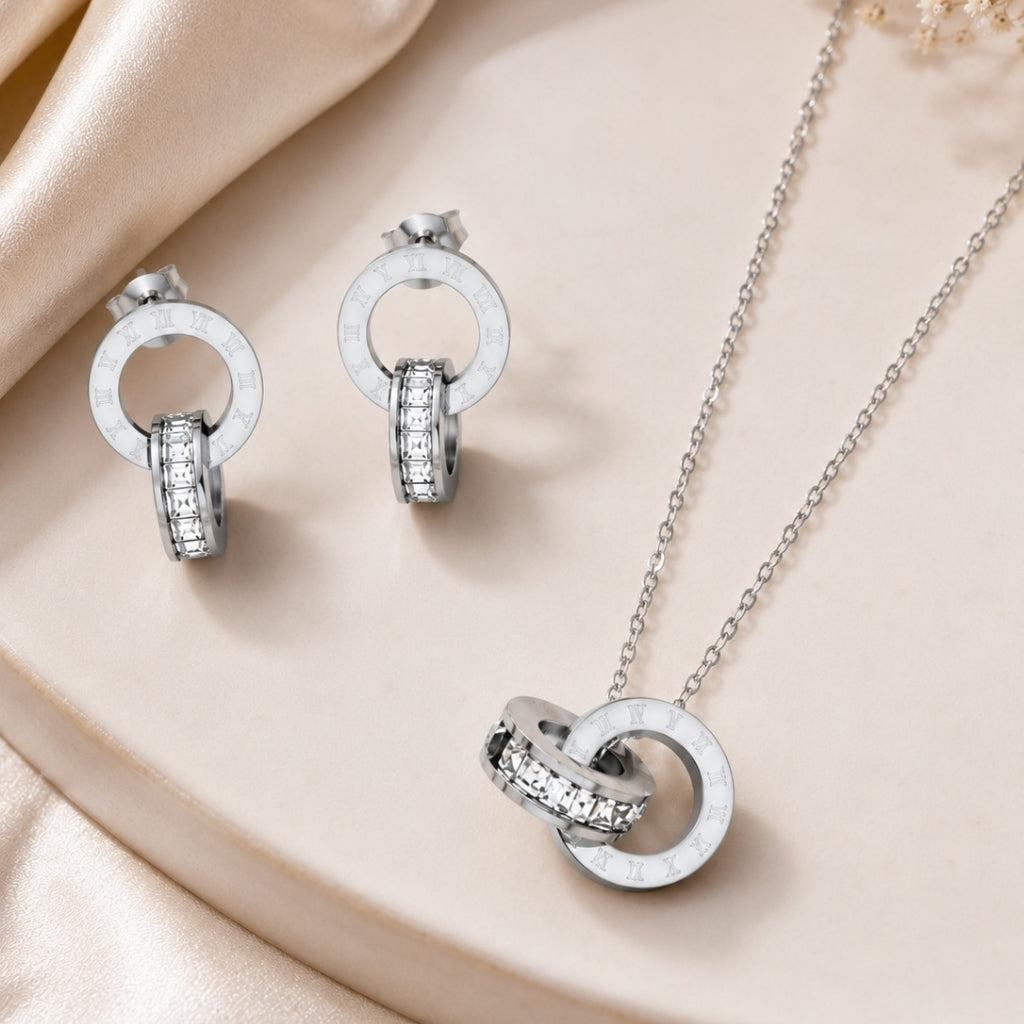 Roman Number Necklace with Earring Silver Jewellery Set