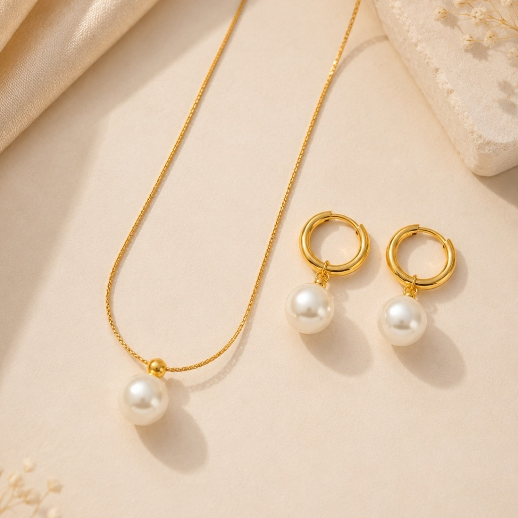 Sleek Chain Pearl Necklace with Earring Jewellery Set