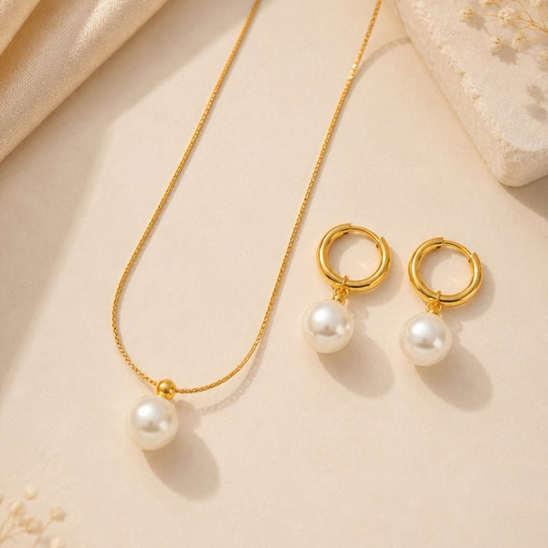 Sleek Chain Pearl Necklace with Earring Jewellery Set