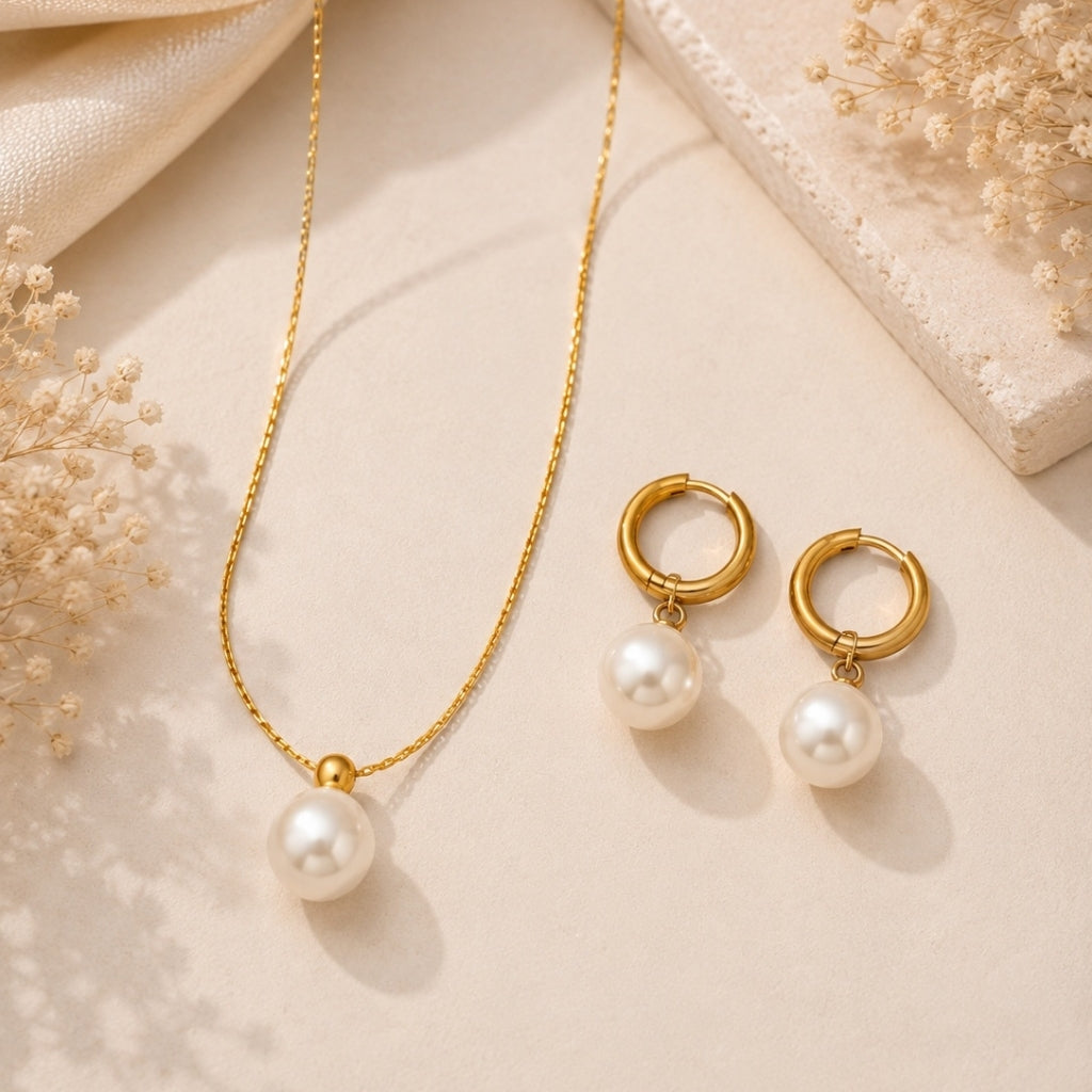 Sleek Chain Pearl Necklace with Earring Jewellery Set