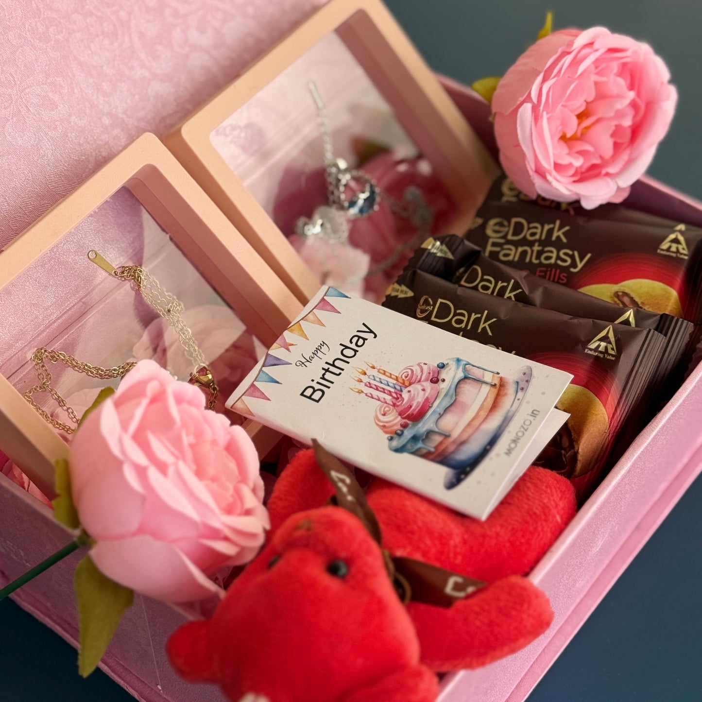 Birthday Gift Hamper (2 Jewellery Sets, 1 Teddy Key Ring, Choco Cookies, 2 Roses, Birthday Wish Card)