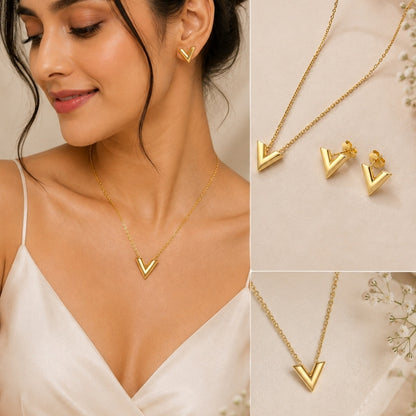 V Letter Necklace with Earring Jewellery Set