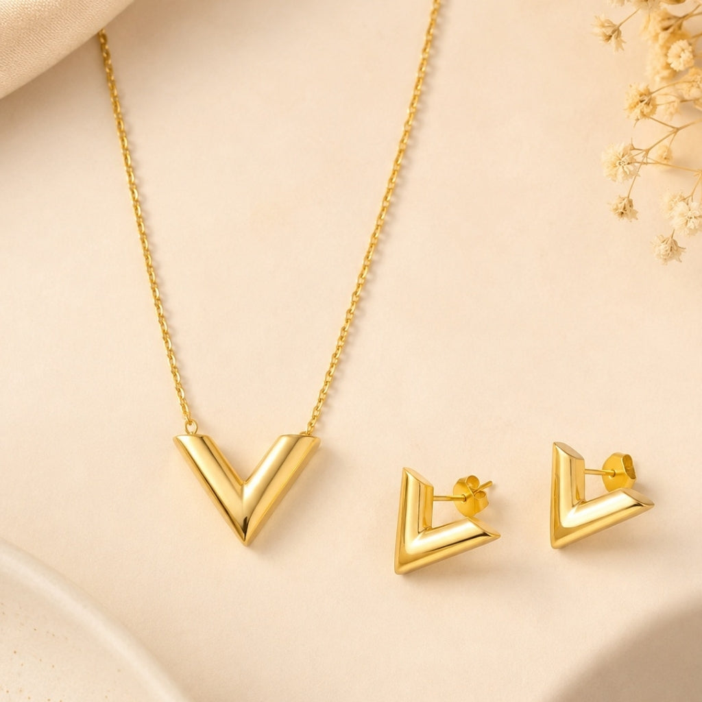 V Letter Necklace with Earring Jewellery Set