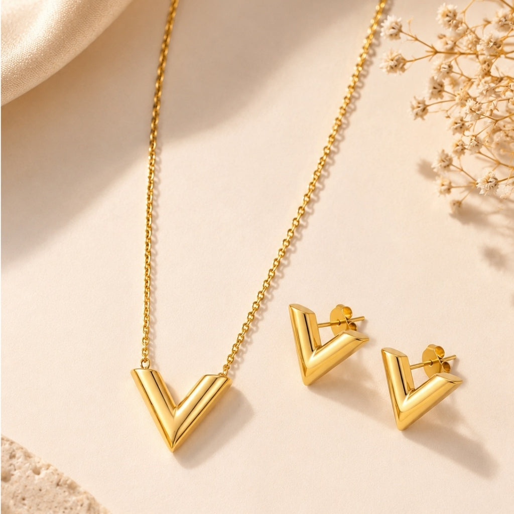 V Letter Necklace with Earring Jewellery Set