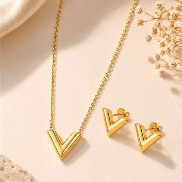 V Letter Necklace with Earring Jewellery Set