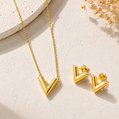 V Letter Necklace with Earring Jewellery Set