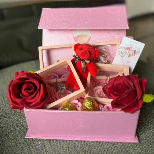 Valentine's Day Gift Hamper (5 Jewellery Sets, Teddy Key Ring, Premium Chocolates, Artificial Red Rose, Valentine's Day Wish Card)