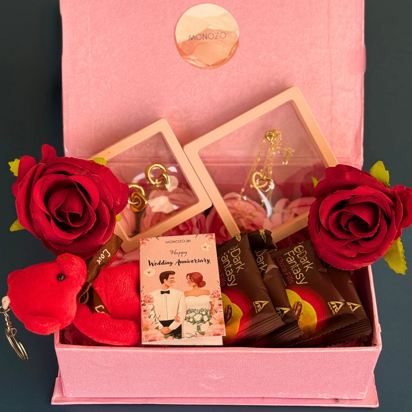 Anniversary Gift Hamper (2 Jewellery Sets, 1 Teddy Key Ring, Choco Cookies, 2 Roses, Anniversary Wish Card)