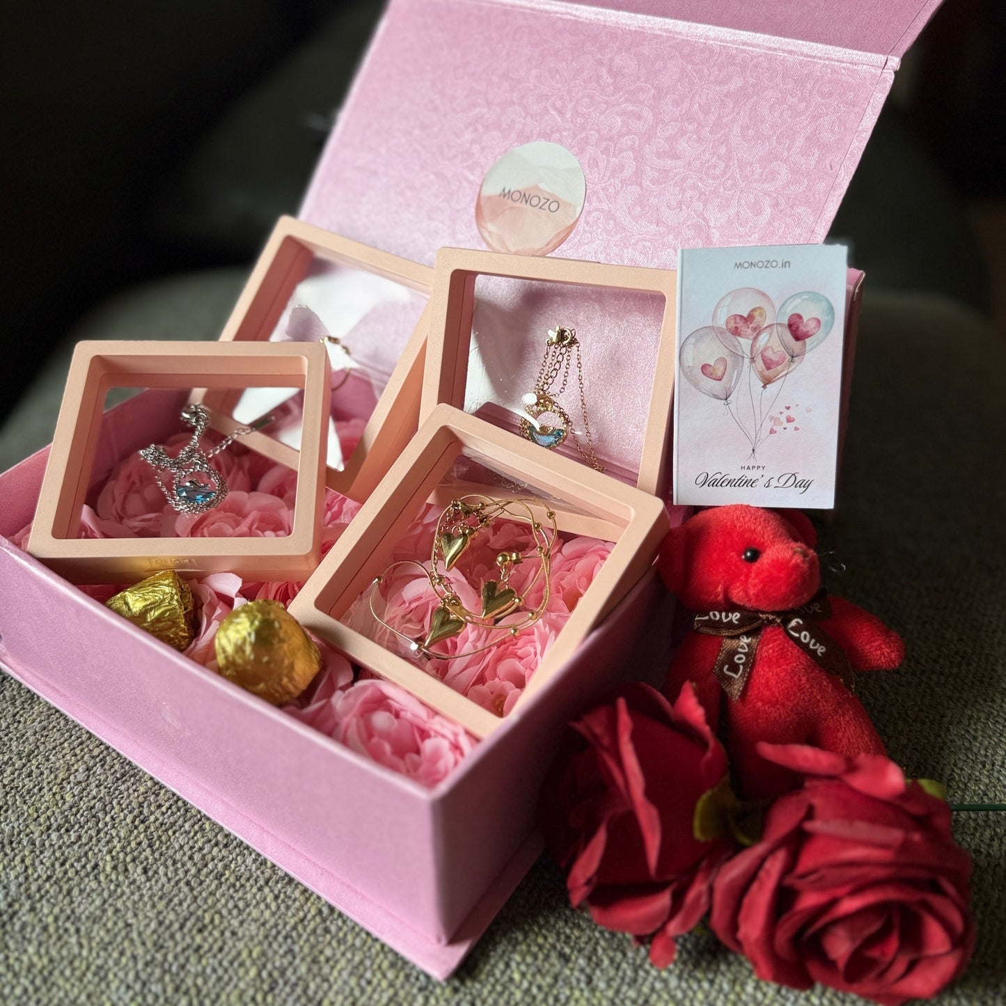 Valentine's Day Gift Hamper (5 Jewellery Sets, Teddy Key Ring, Premium Chocolates, Artificial Red Rose, Valentine's Day Wish Card)