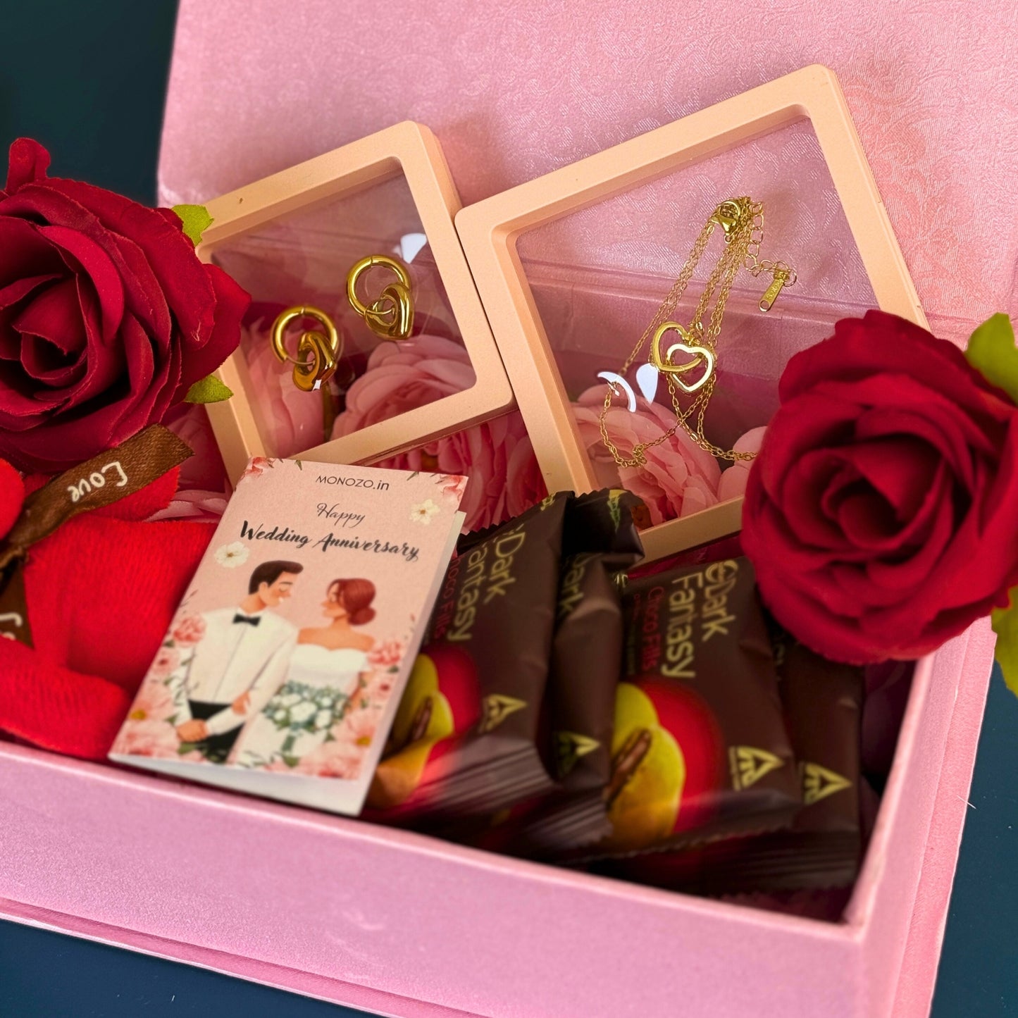 Anniversary Gift Hamper (2 Jewellery Sets, 1 Teddy Key Ring, Choco Cookies, 2 Roses, Anniversary Wish Card)
